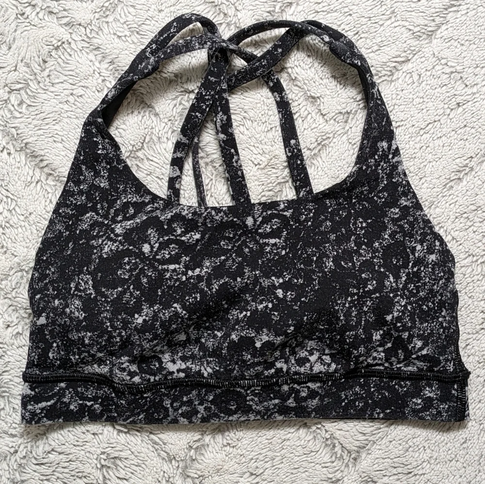 Lululemon Energy Bra Women's 2 Black White Abstract Floral Cross Strap Luxtreme